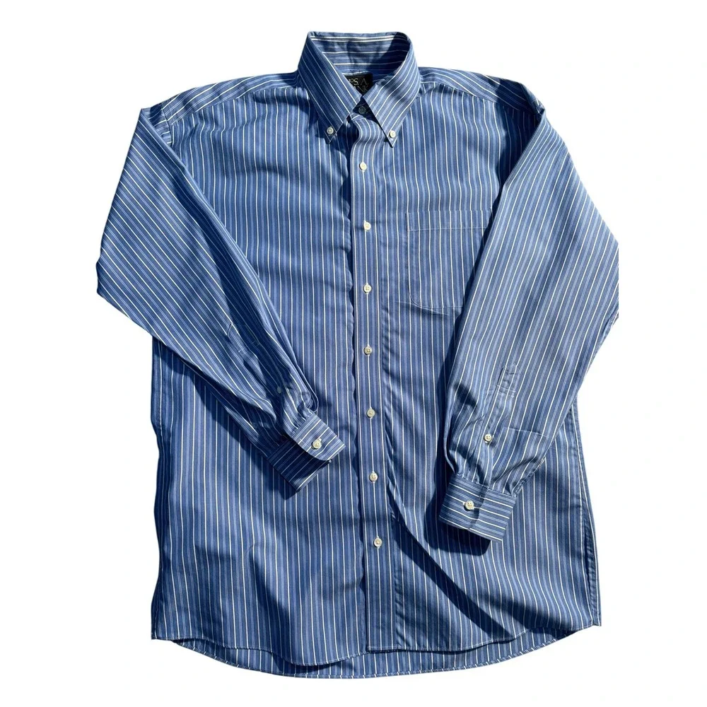 Jos. A. Bank Button Down Shirt Mens 16.5-34 Blue Striped Traveler Cotton Office